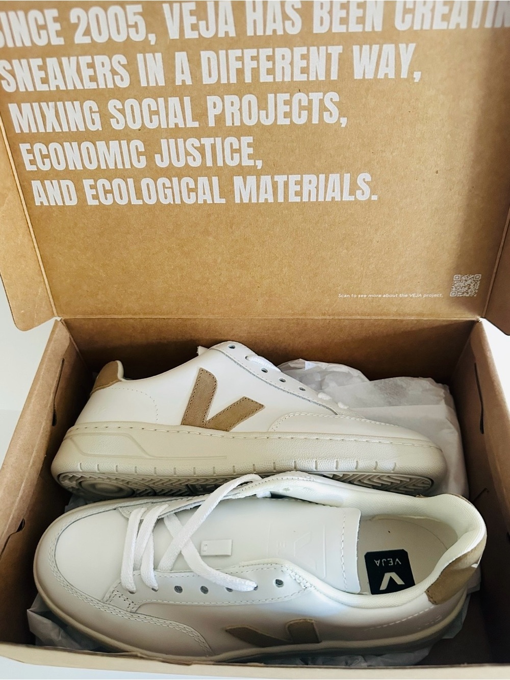 Veja V-12 Leather Extra White-Dune Sneakers, New in Box. 38